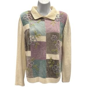Alfred Dunner Patchwork Floral Embroidered Collared Sweater Petite PM